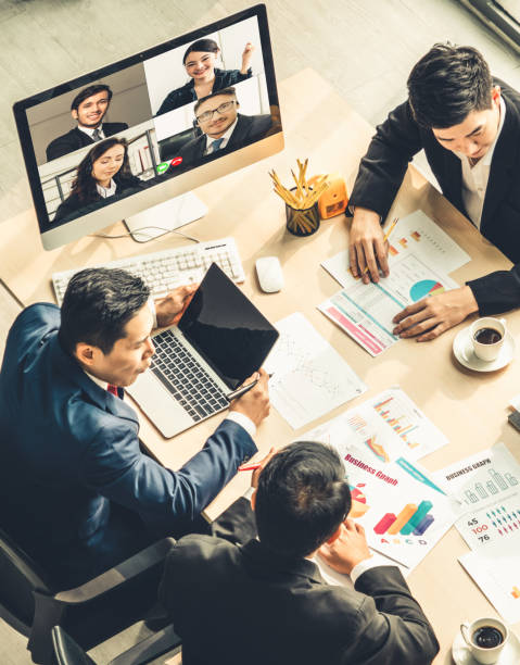 istock Video call group business people meeting on virtual workplace or remote office 1254755337
