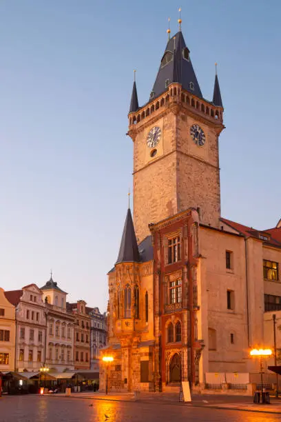 Prauge - The Old Town hall in the morning dusk.