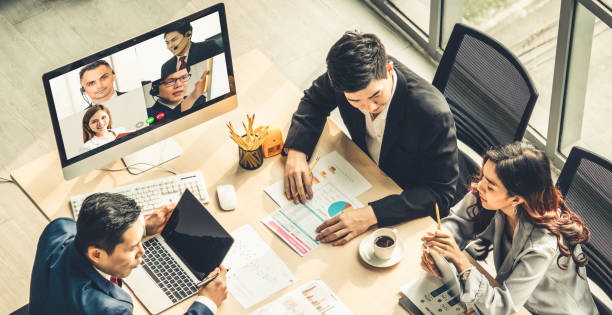 istock Video call group business people meeting on virtual workplace or remote office 1254757910