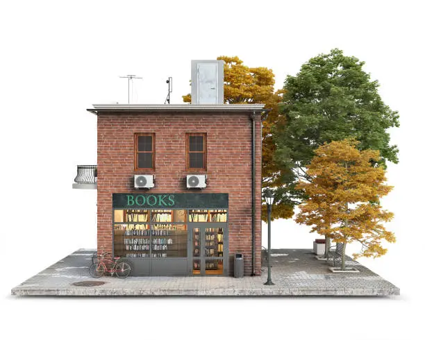Photo of Small red brick building with book store on a first floor and alley near it, 3d illustration