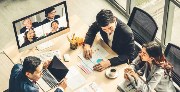 istock Video call group business people meeting on virtual workplace or remote office 1254757965
