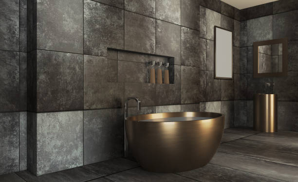 the bathroom is made of dark tiles on the walls under the metal. bronze washbasin and bath.. 3d rendering,. blank paintings.  mockup. - bronze decor tile mosaic imagens e fotografias de stock