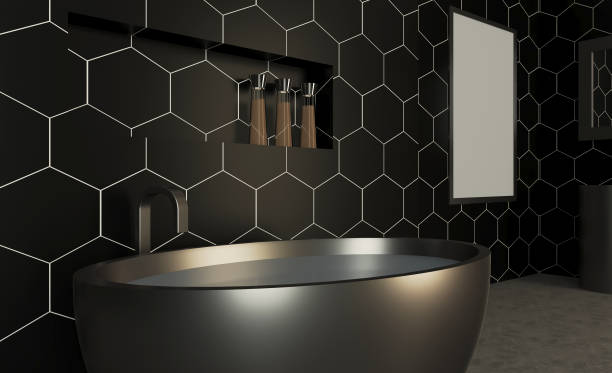 istock Scandinavian bathroom, classic  vintage interior design. 3D rendering.. Blank paintings.  Mockup. 1254759666