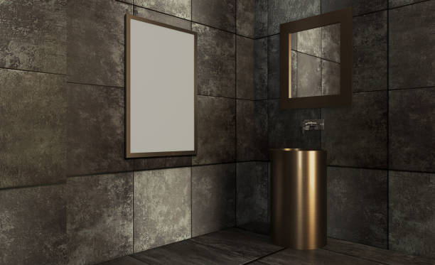 nowoczesna łazienka w stylu loftu, stare płytki, metalowa wanna i umywalka.. renderowanie 3d,. puste obrazy.  makieta. - loft apartment bathroom mosaic tile zdjęcia i obrazy z banku zdjęć