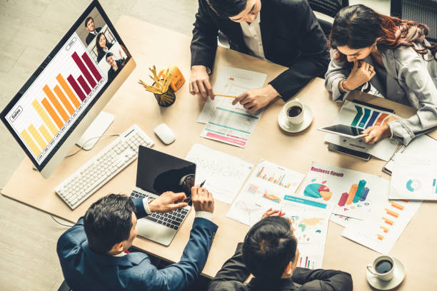istock Video call group business people meeting on virtual workplace or remote office 1254761202