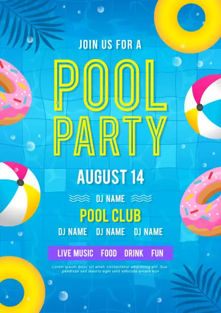 Vector illustration of Pool party invitation vector illustration. Top view of swimming pool with balls and donut pool floats