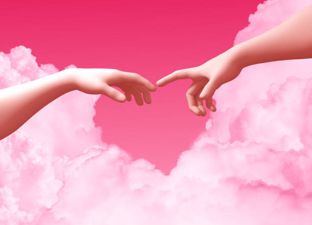 due mani e nuvole su sfondo rosa creano una forma a cuore - michelangelo foto e immagini stock