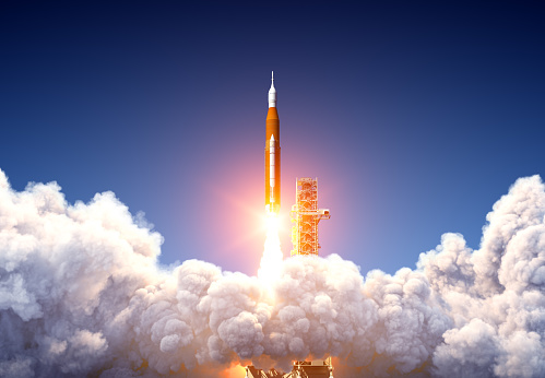Space rocket leaves Earth. Clouds and world map on the background.  Elements of this image furnished by NASA.\nBackground image link:\nhttps://www.nasa.gov/sites/default/files/thumbnails/image/misr-cloud-heights_0.jpg