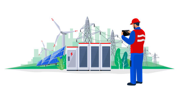 Electrician technician engineer diagnostics electricity power supply grid transmission Isolated electrician technician engineer diagnostics electricity power supply grid transmission. Person inspection production facility. Renewable solar panel wind energy plant with battery storage. battery illustrations stock illustrations