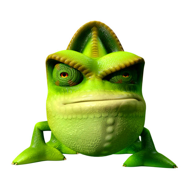 istock 3D illustration green cartoon chameleon on white 1254762831
