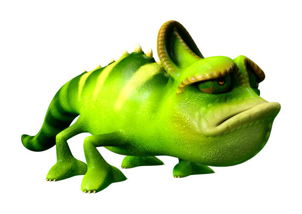 istock 3D illustration green cartoon chameleon on white 1254762844