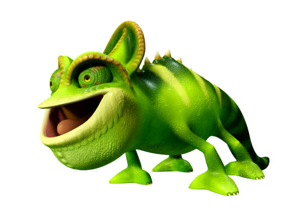 istock 3D illustration green cartoon chameleon on white 1254762864