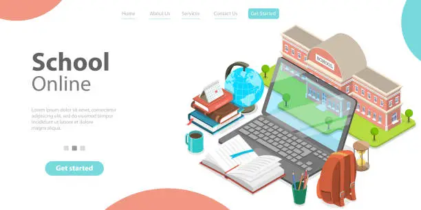 Vector illustration of 3d Online School Concept, Landing Page Template for Website.