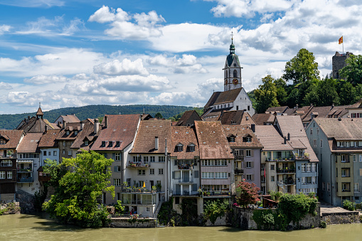 Laufenburg, AG / Switzerland - 4 July 2020: view of the idyllic border town of Laufenburg on the Rhine in northern Switzerland