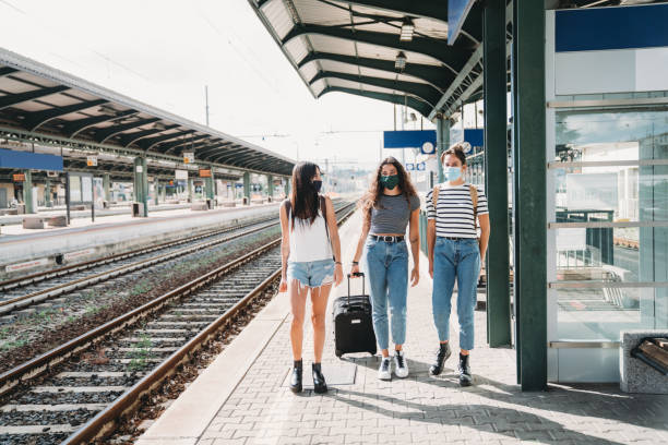 istock Friends traveling together wearing facemasks 1254765912