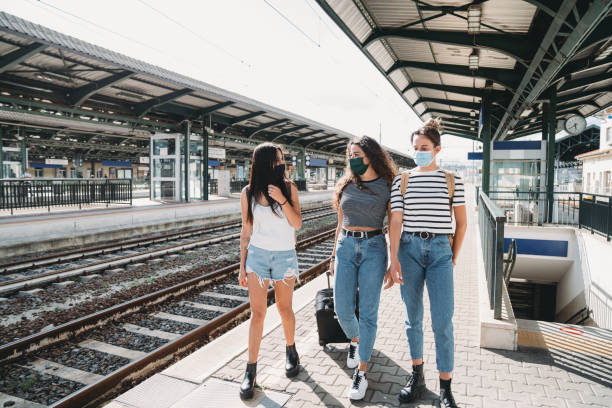 istock Friends traveling together wearing facemasks 1254765915