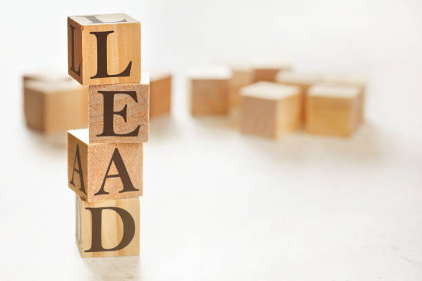istock Four wooden cubes arranged in stack with letters LEAD (meaning learning, education, action, development) on them, space for text / image at down right corner 1254766577