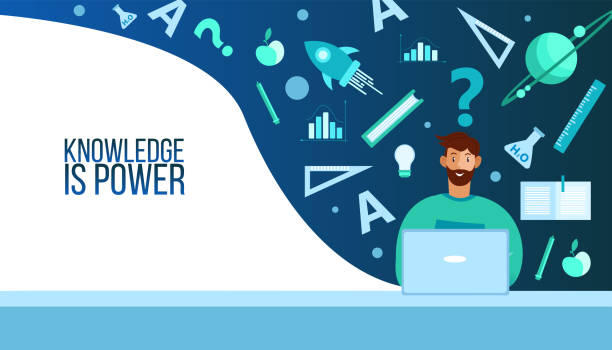 Online education website banner with young male student, laptop, science icons and symbols. Virtual course concept in flat cartoon style and blue colors. Study at home background with copy space coach background stock illustrations