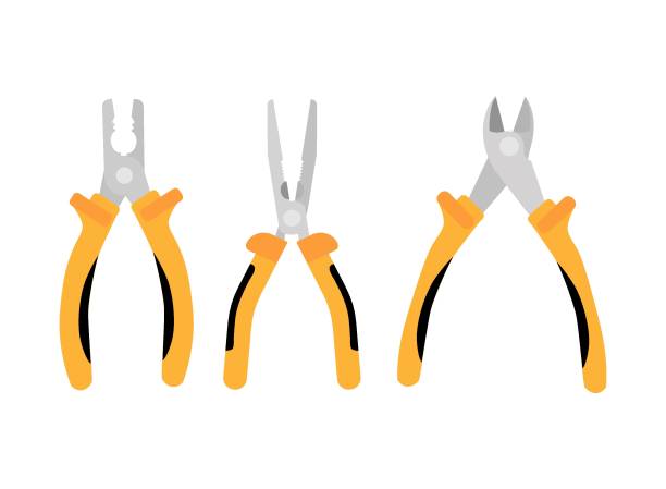 ilustrações de stock, clip art, desenhos animados e ícones de open yellow side cutters and pliers with thin and thick sponge pliers. repair tools are isolated on white background, flat vector illustration. - pliers work tool white background craft