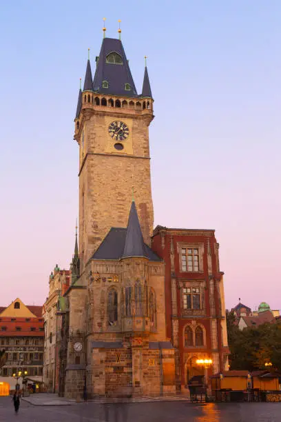Prague - The Old Town hall in the morning dusk.