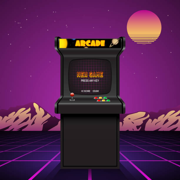 ilustraciones, imágenes clip art, dibujos animados e iconos de stock de pantalla de la máquina arcade, fondo vectorial retro - amusement arcade illustrations