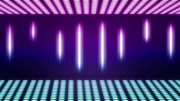istock Neoned geometric figures on dark background, horizontal bright wallpaper 1254771543