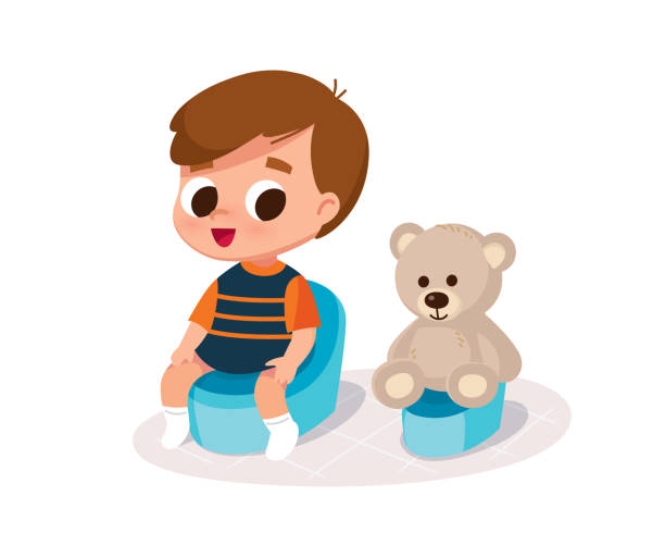 ilustraciones, imágenes clip art, dibujos animados e iconos de stock de un chico sentado con osito de peluche. entrenamiento para ir al baño. - 1818