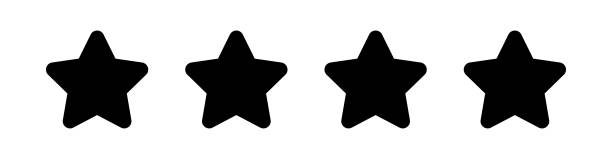 白い背景に隔離されたかわいい4つ星のアイコン、漫画の星形黒、イラストシンプルな星評価シンボル、ロゴのためのクリップアート4つ星、装飾ランキング賞のためのペンタグラムスター - rating star shape ranking four objects点のイラスト素材／クリップアート素材／マンガ素材／アイコン素材