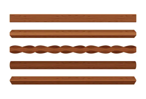 Vector illustration of wooden lath different dark brown color isolated on white, wooden slat poles brown, lath wood for home decoration, wood slat posts, set of vertical slats plank, lumber wood brown, beautiful wooden dark