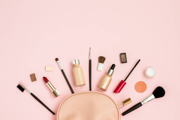 istock Decorative cosmetic set from pink cosmetic bag 1254773973
