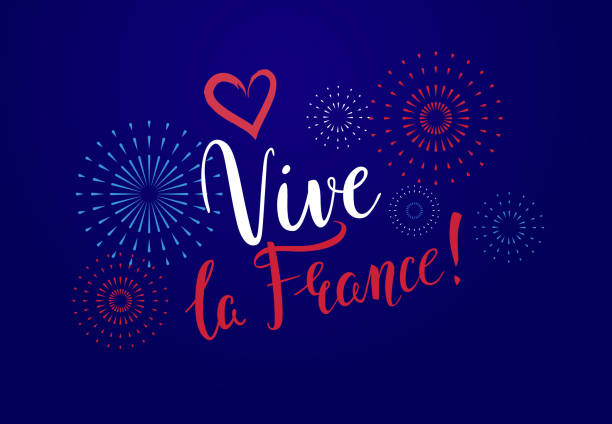 ilustraciones, imágenes clip art, dibujos animados e iconos de stock de tarjeta de felicitación vive la france con letras manuscritas y fuegos artificiales para el día nacional francés. día de la bastilla, 14 de julio. - vector - blue background french culture european culture france