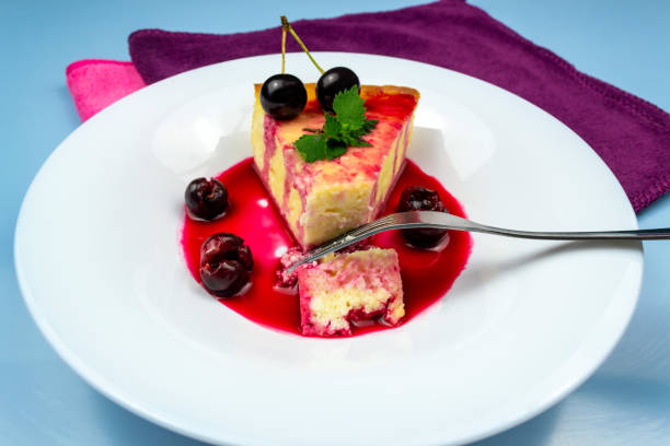Cottage cheese casserole decorated with cherries