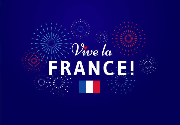 ilustraciones, imágenes clip art, dibujos animados e iconos de stock de ¡vive la francia! diseño de tarjeta de felicitación con texto y fuegos artificiales para la celebración del día nacional en francia. - vector - blue background french culture european culture france