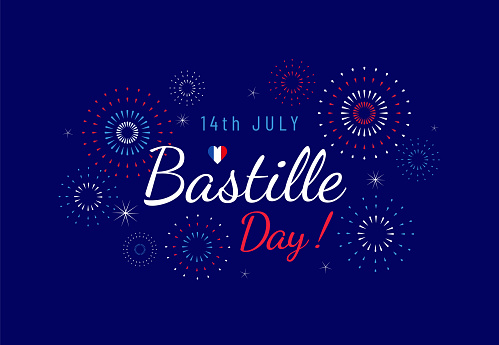 Bastille Day greeting banner design template with fireworks illustration on dark blue background. July 14, National Day of France. - Vector