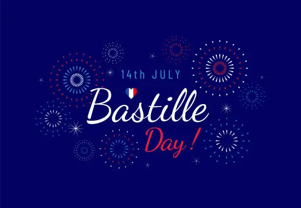 Vector illustration of Bastille Day greeting banner design template with fireworks illustration on dark blue background. July 14, National Day of France. - Vector