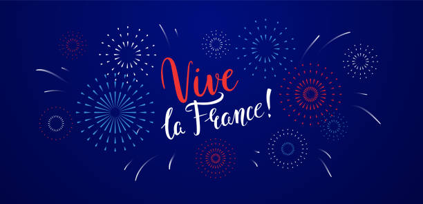 ilustraciones, imágenes clip art, dibujos animados e iconos de stock de vive la france saluda el diseño de la pancarta con letras manuscritas y fuegos artificiales para el día nacional francés. día de la bastilla, 14 de julio. - vector - blue background french culture european culture france