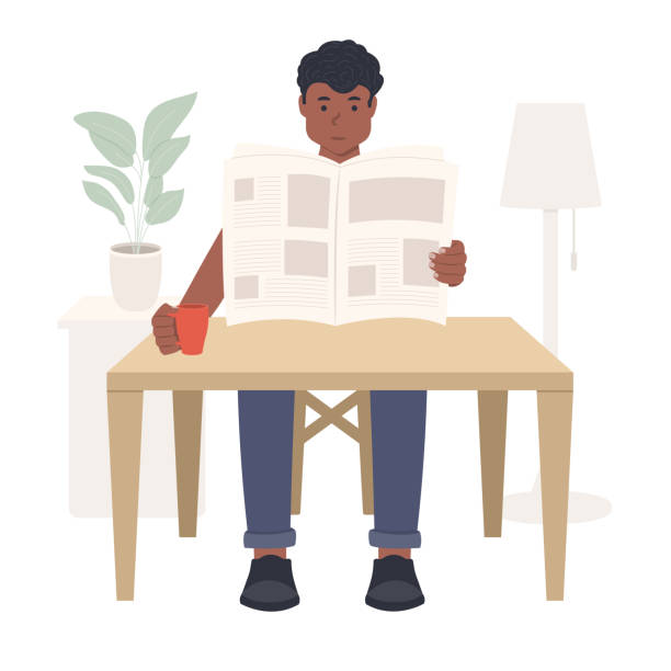 młody afroamerykanin siedzący przy stole i czytający gazetę, czarnoskóry mężczyzna czytający prasę lub płaską ilustrację wektorową magazynu. wyposażenie domu i rośliny domowe - reading newspaper men magazine stock illustrations
