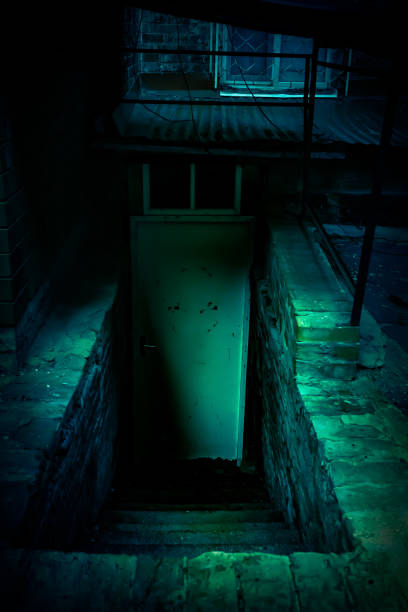 scala horror mistica e porta di un seminterrato buio in una vecchia decrepita casa abbandonata spaventosa con luce verde blu paranormale e terribili ombre spaventose che causano paura - basement spooky cellar door foto e immagini stock