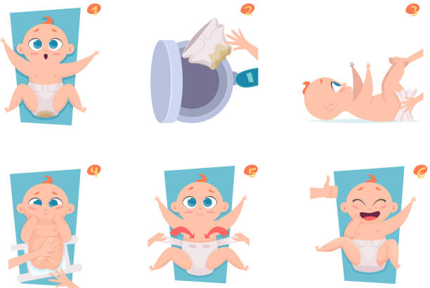 Changing diapers steps. Healthcare medical announce pictures to parents baby care vector illustration Changing diapers steps. Healthcare medical announce pictures to parents baby care vector illustration. Change process diaper, small and young baby parent guide stock illustrations