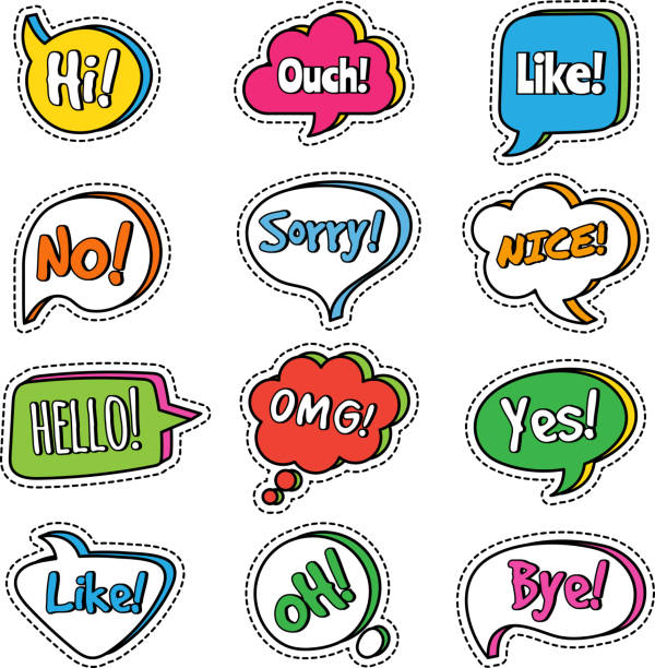 ilustraciones, imágenes clip art, dibujos animados e iconos de stock de frase de conversación. burbujas de voz con palabras texto de diálogo sí, omg, bolas cómicas de color vectorial - omg