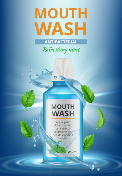 Rinse water ads. Dental medical poster mouthwash fresh cleaning water splashes vector realistic placard Rinse water ads. Dental medical poster mouthwash fresh cleaning water splashes vector realistic placard. Product clean hygiene oral, dental poster and care illustration mint chewing gum stock illustrations
