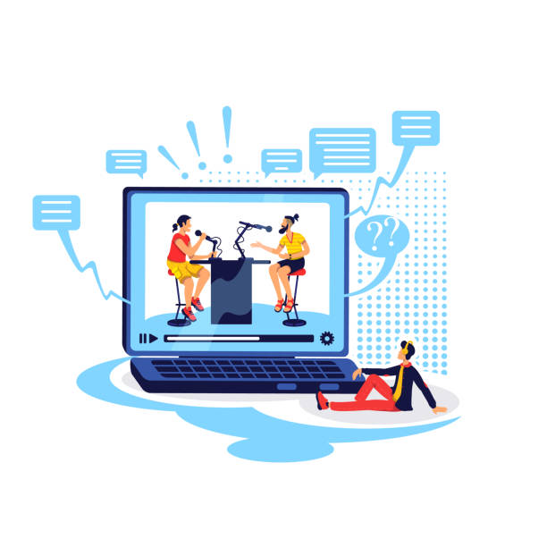 Watch conversational podcast flat concept vector illustration Watch conversational podcast flat concept vector illustration. Interview with journalist. Guy watch stream on laptop. Online show hosts 2D cartoon characters for web design. Video creative idea interview camera stock illustrations