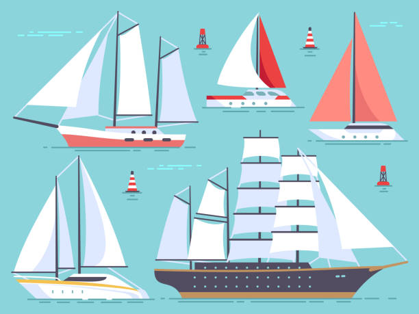 transport segelboote, yacht, segelkreuzfahrtschiff. isolierter vektorset für meer- und ozeanschiffe - segeln stock-grafiken, -clipart, -cartoons und -symbole
