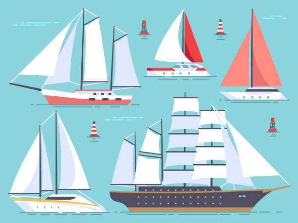 ilustrações de stock, clip art, desenhos animados e ícones de transportation sailboats, yacht, sailing cruise ship. sea and ocean vessel isolated vector set - sailing