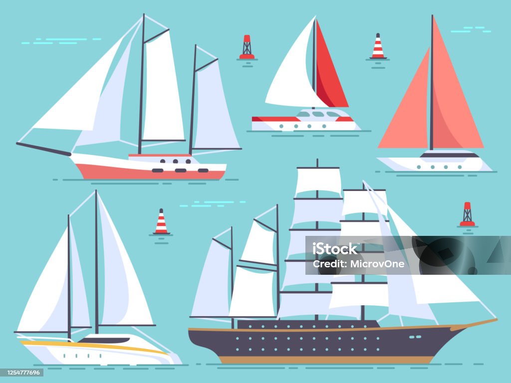 Transport segelbåtar, yacht, segelkryssningsfartyg. Isolerade vektorset för havs- och havsfartyg - Royaltyfri Segelbåt vektorgrafik