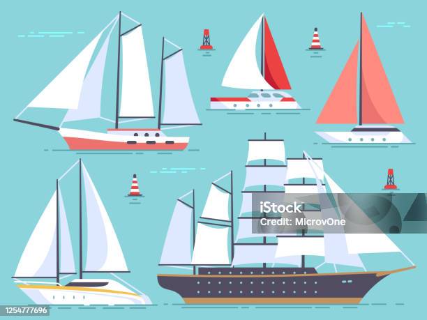 Transport Segelbåtar Yacht Segelkryssningsfartyg Isolerade Vektorset För Havs Och Havsfartyg-vektorgrafik och fler bilder på Segelbåt
