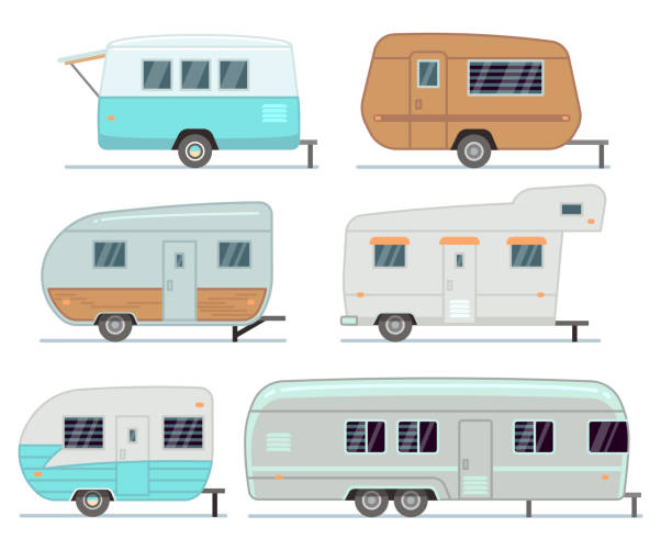 ilustraciones, imágenes clip art, dibujos animados e iconos de stock de remolques de camping rv, casa móvil de viaje, conjunto vectorial caravana aislado - caravana tráiler de vehículos