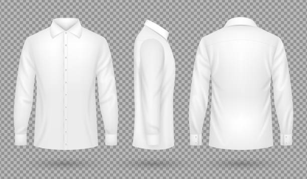 ilustrações de stock, clip art, desenhos animados e ícones de white blank male shirt with long sleeves in front, side, back views. realistic vector template isolated - long sleeved