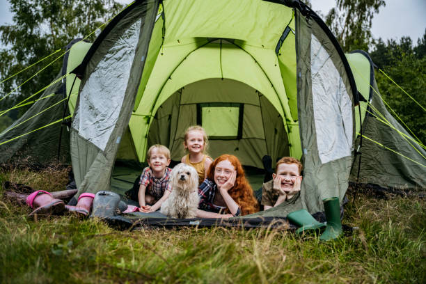 Portrait of children and dog lying in tent on camping trip Front view of grinning children aged 5-15 lying on fronts inside tent opening with dog and smiling at camera. nottinghamshire stock pictures, royalty-free photos & images