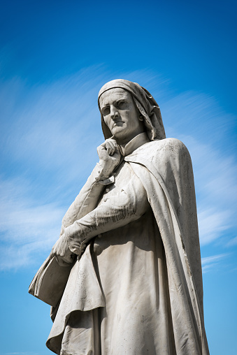 Close-up of the Dante Alighieri (author of the Divine Comedy) statue in Piazza dei Signori in Verona, UNESCO world heritage site, Veneto, Italy, Europe. The statue in white Carrara marble, was made by the sculptor Ugo Zannoni (1836-1919) and was inaugurated on May 14, 1865.